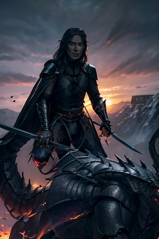 extremely detailed CG unity 32K wallpaper, top quality, masterpiece, raw photo, photorealistic, highest resolution, professional photo, dynamic, cinematic lighting, (fantasy, Lord of the Rings:1.4), sharp focus, depth of field, (perfect body, correct anatomy:1.5), intricately detailed face, expressive face, POV, (from front:1.3), (cowboy shot:1.2), 1 girl, ((female Nazgûl:1.3)), solo, looking at viewer, intricately detailed face, highly detailed skin, black hair, ultra-realistic eyes, dark eyes, hyper-realistic nose and lips, expressive face, (evil smile:1.5), ((black iron armor:1.5)), ((black cape with hood:1.2)), (perfect body proportion:1.4), slender, medium breast, (((riding a black dragon-like creature:1.4))), ((holding 1 long sword:1.3)), flying the sky above Gondor, evening, sunset,
