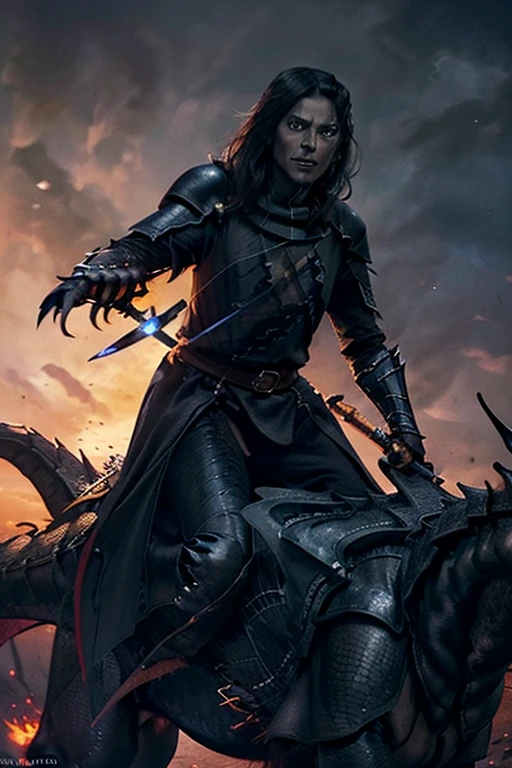 extremely detailed CG unity 32K wallpaper, top quality, masterpiece, raw photo, photorealistic, highest resolution, professional photo, dynamic, cinematic lighting, (fantasy, Lord of the Rings:1.4), sharp focus, depth of field, (perfect body, correct anatomy:1.5), intricately detailed face, expressive face, POV, (from front:1.3), (cowboy shot:1.2), 1 girl, ((female Nazgûl:1.3)), solo, looking at viewer, intricately detailed face, highly detailed skin, black hair, ultra-realistic eyes, dark eyes, hyper-realistic nose and lips, expressive face, (evil smile:1.5), ((black iron armor:1.5)), ((black cape with hood:1.2)), (perfect body proportion:1.4), slender, medium breast, (((riding a black dragon-like creature:1.4))), ((holding 1 long sword:1.3)), flying the sky above Gondor, evening, sunset,