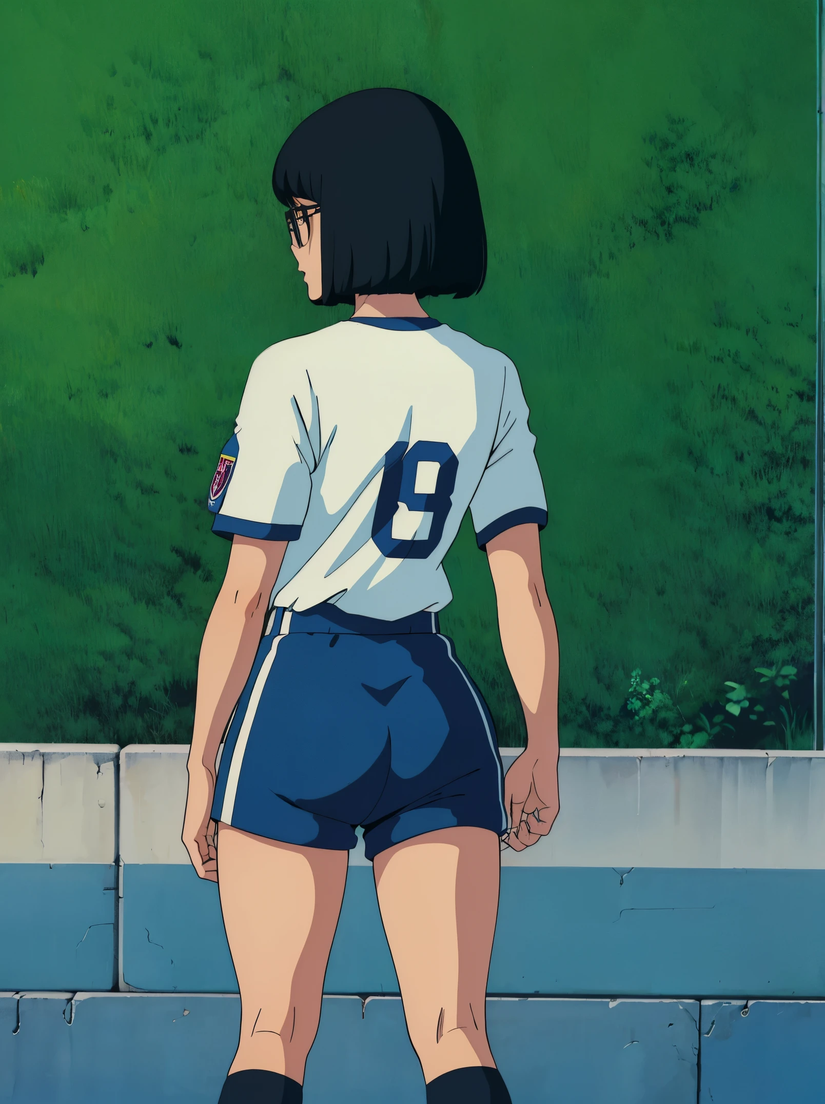 Female, black hair, medium hair, bob cut hair, soccer player, blue eyes, glasses, mouth, tucked in jersey, short sleeved, medium breasts, black shorts, thighs, socks, shinguards, cleats, 1980’s, wallpaper, standing, soccer pitch, background, slim, fit figure, portrait, close up, 1girl, back of view,