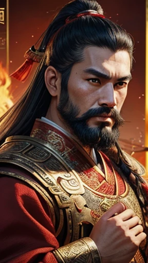 oriental、man in ancient chinese clothes、ancient chinese hairstyle man、three kingdom、multiple warlords、highest quality、masterpiece、ultra high resolution、(realistic:1.4)、game poster、Clear and beautiful image quality、Red clothes、beard、covered with a small box