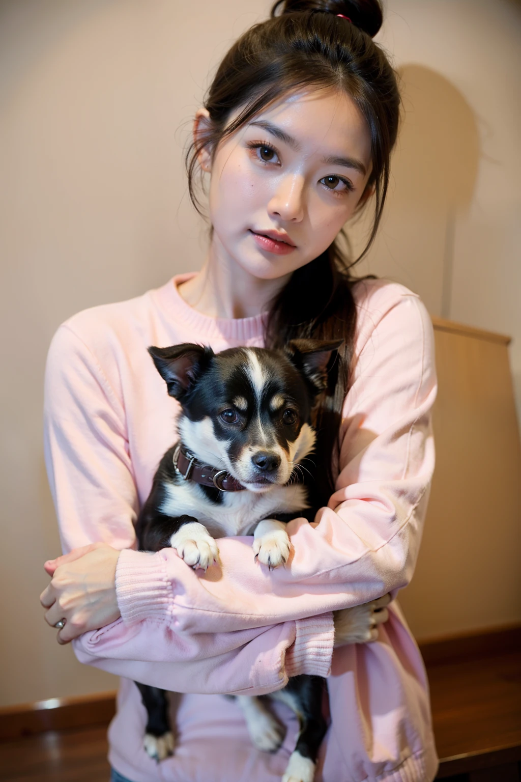 ((best quality)), ((masterpiece)), (detailed), Background in the office,Girl holding cute dog,There's a microphone in front of you,long sleeve work,Hair tied up