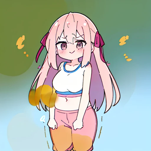 (master piece、super detail、highest quality、8k、32K、High resolution、Kyoto Animation Style Anime Illustration、highest qualityの公式アートの特徴: 1.6)、(caregiver) 、cute女の子 1 人、solo、Are standing、whole body、predecessor、Makeup、cute、: 1.3)、(:1.2)、(cute:1.5)、セクシーなcute女の子、Morning park during a run、shortness of breath、(Sweat)1.4、Satisfied smile、Wearing a light brown sports bra and jogger pants、Transparent shirt、Soft and clean focus、Realistic lighting and shading、Active、dynamism、(light pink hair、twin blade、long hair、hair ribbon、cuteリボン: 1.1)、thin eyebrows、big breasts、women stink、fart、shyness、blush、Gas comes out of the butt、put pressure on your face、lots of gas、My body trembles、My stomach hurts、Another girl who doesn&#39;t like it