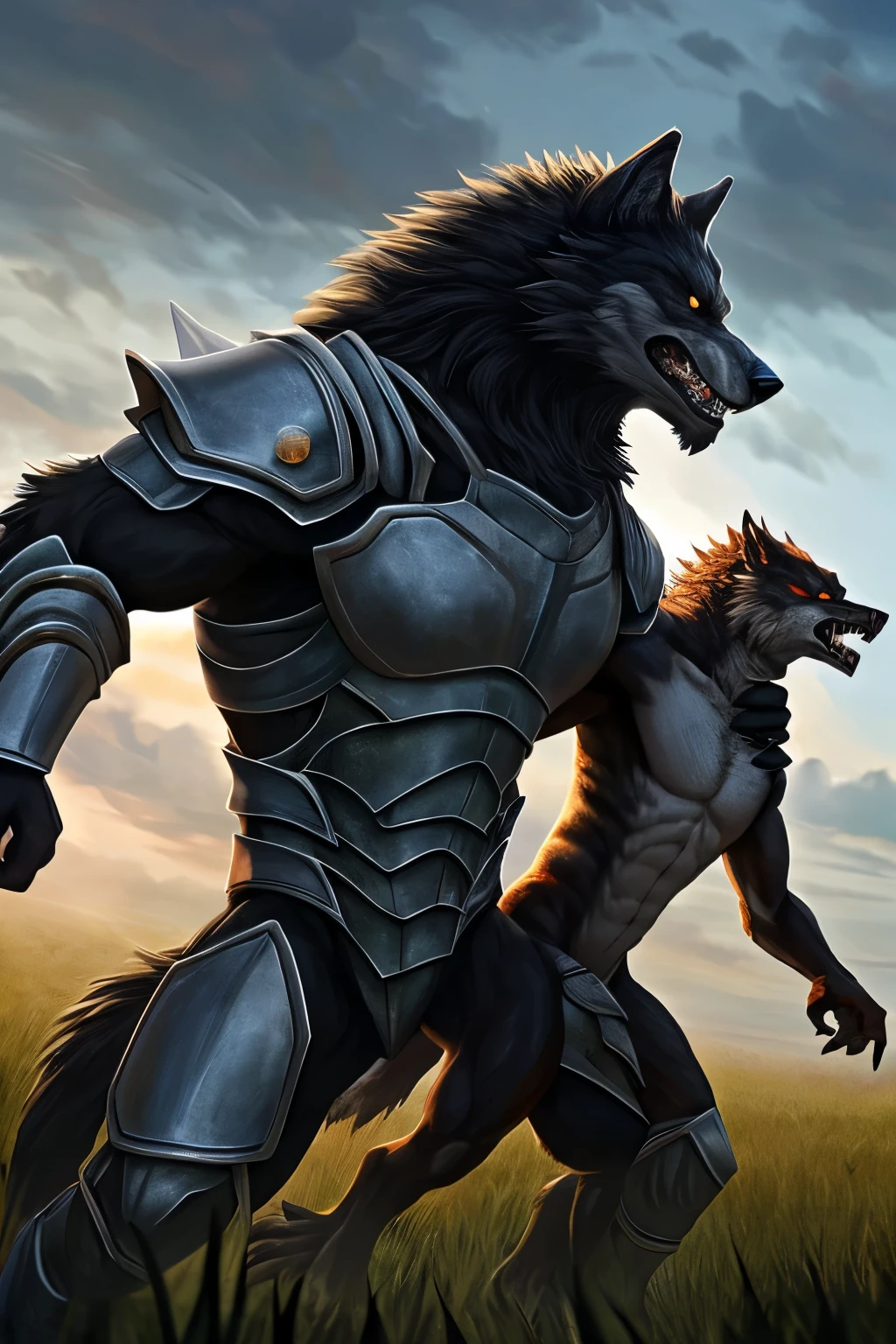 An immensely powerful warrior clad in gleaming armor stands with an expression of pure hatred, gripping the neck of a ferocious werewolf. The biwolf writhes and fights with all its might, creating a fierce struggle between the two formidable adversaries. The battle takes place in an expansive open field, where the atmosphere is charged with tension and anticipation.