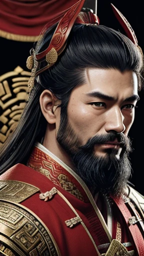 oriental、man in ancient chinese clothes、ancient chinese hairstyle man、three kingdom、multiple warlords、highest quality、masterpiece、ultra high resolution、(realistic:1.4)、game poster、Clear and beautiful image quality、Red clothes、beard、small helmet、