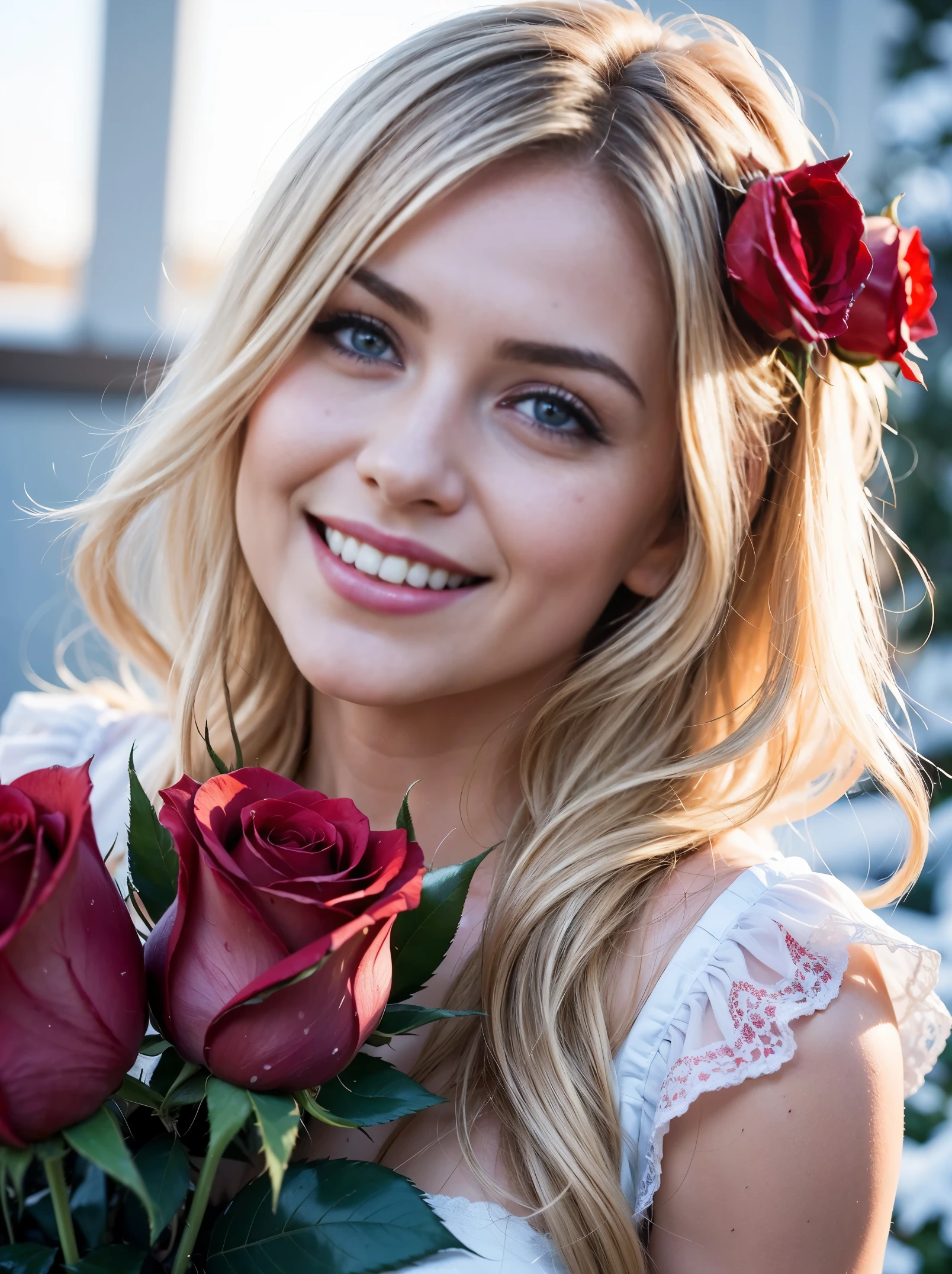 Masterpiece, ultra realistic. Front facing cowboy shot. ((The First low third of the picture is full of blurry red roses:1.3)). Behind the roses is an ultra hot gorgeous European woman, age 23, wavy blonde hair, she's a playmate, men magazine model. (She is leaning forward. smelling roses with a smile:1.2). sheer lace, she’s smelling the roses with a subtle smile. Background a snowy village in a winter night with northern lights.