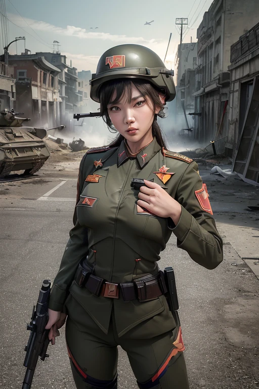 A Chinese female soldier with a submachine gun,Look ahead,The eyes are extremely determined,Behind him is the five-star red flag。