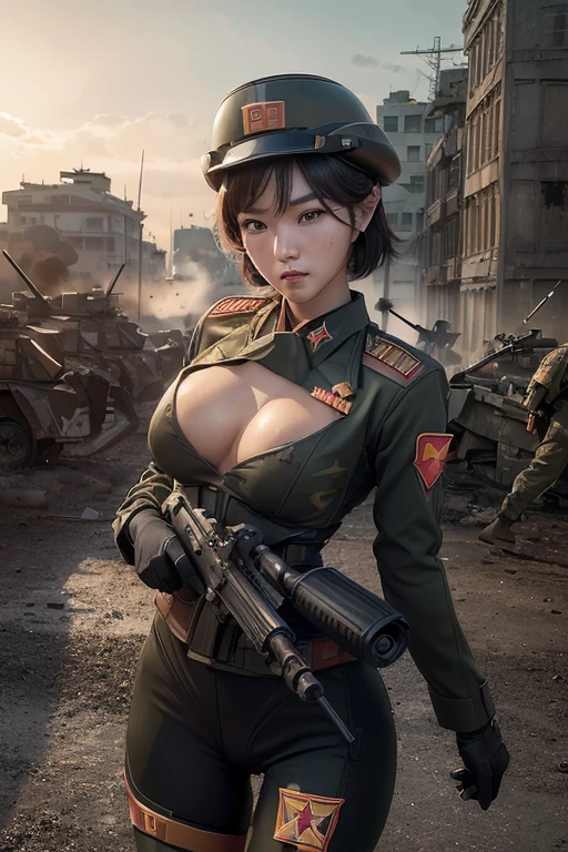 xtremely detailed CG unity 32K wallpaper, top quality, masterpiece, raw photo, photorealistic, highest resolution, professional photo, dynamic, cinematic lighting, (1950s, Korean War, science fiction:1.4), steampunk, sharp focus, depth of field, (perfect body, correct anatomy:1.5), intricately detailed face, expressive face, POV, (from front:1.3), 1 girl, Korean woman, ((female soldier:1.4)), solo, cowboy shot, black hair, short hair, ((military helmet:1.1)), ultra-realistic skin, detailed skin, tan, bright eyes, highly detailed nose and lips, slim outline of the face, expressionless, ((combat uniform of DPRK Army:1.5)), body armor, powered suit, (slender, beautiful breast:1.5), ((perfect body proportion:1.4)), during a combat against US Army, (((holding a beam rifle:1.3))), (((shooting a beam rifle:1.5))), ((vandalized city, street, battlefield, outdoor:1.5))