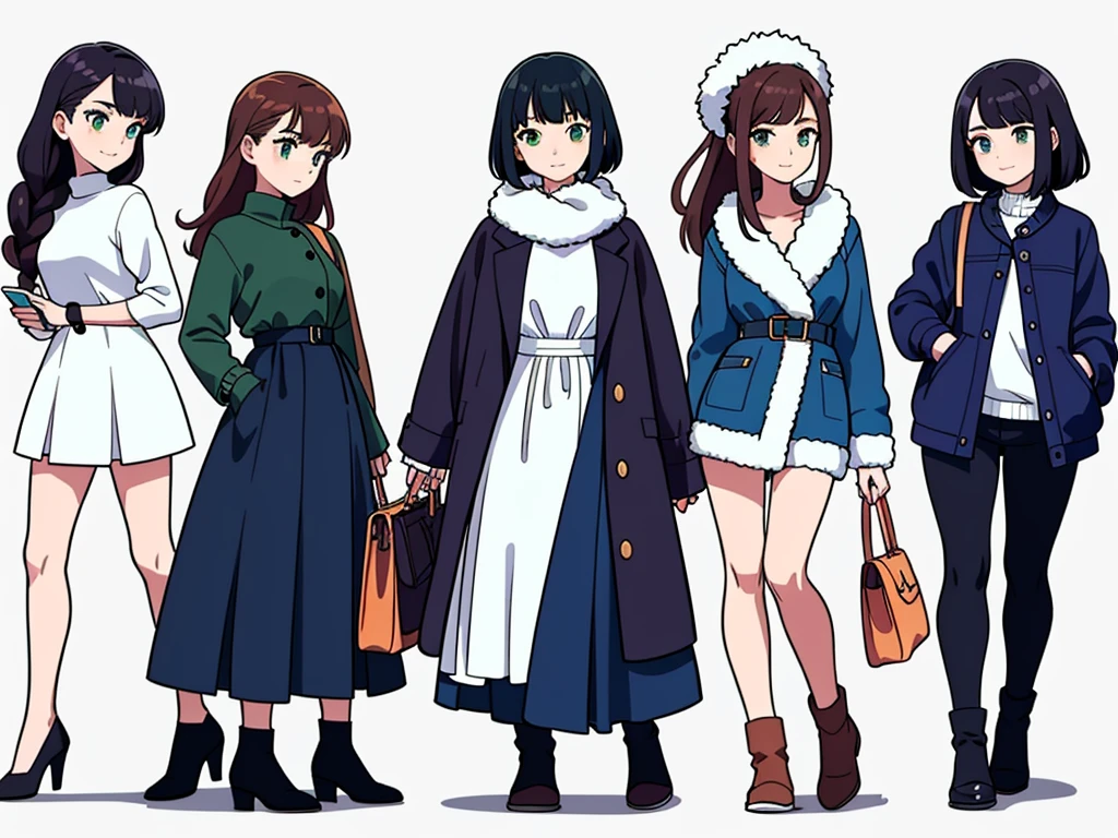 (((Best Quality))) , 4 lady, multiple views, white background, variety of hairstyles, variety of fashion styles, (((seductive pose))), fashionable and trendy atmosphere, holding bag, winter outfits, walk pose, holding smart phone, looking at another, dark blue/dark orange/dark green/dark violet/brown/white,