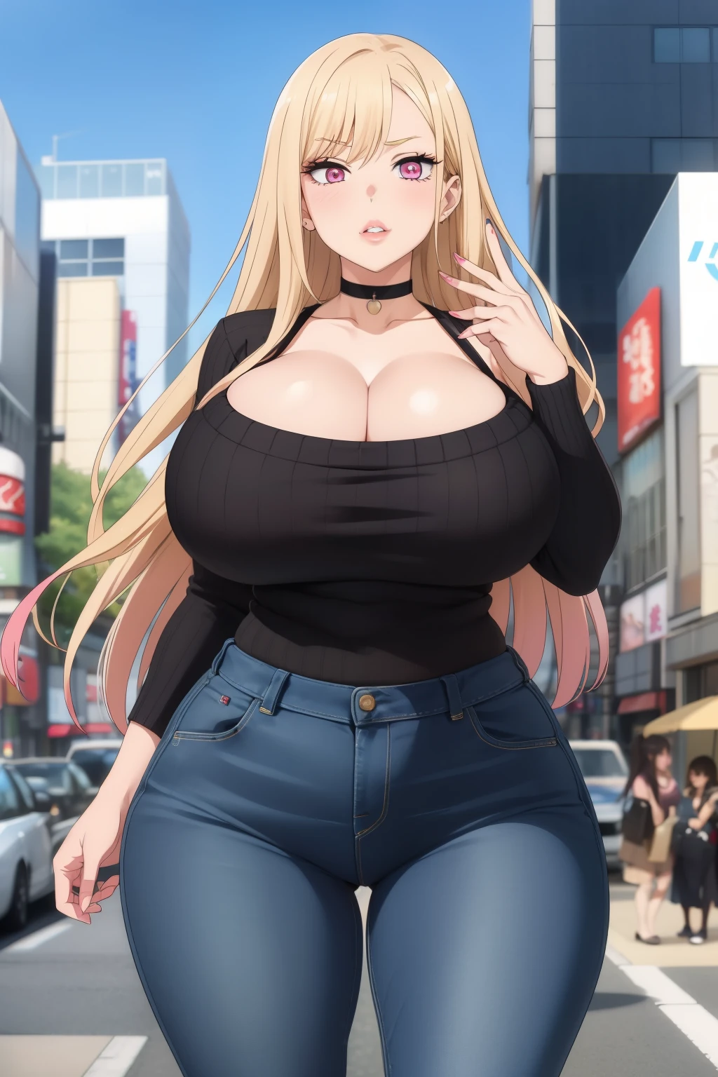 1 girl, (((bimbo))), perfect face, perfect eyes, looking at viewer, blonde hair, puffy lips, thick lips, wide hips, thick thighs, craving lust face, huge natural breasts, cleavage, mature mom, perfect face, perfect eyes, pink eyes, outdoors, city street, tokyo, turtleneck sweater, ribbed sweater, jeans, blond hair, long hair, black neck choker, kitagawa marin, cowboy shot, sexy pose, vivid colors