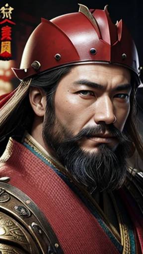 oriental、man in ancient chinese clothes、ancient chinese hairstyle man、three kingdom、multiple warlords、highest quality、masterpiece、ultra high resolution、(realistic:1.4)、game poster、Clear and beautiful image quality、Red clothes、beard、small helmet、