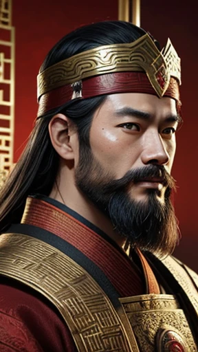 oriental、man in ancient chinese clothes、ancient chinese hairstyle man、three kingdom、multiple warlords、highest quality、masterpiece、ultra high resolution、(realistic:1.4)、game poster、Clear and beautiful image quality、Red clothes、beard、small helmet、