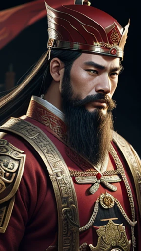 oriental、man in ancient chinese clothes、ancient chinese hairstyle man、three kingdom、multiple warlords、highest quality、masterpiece、ultra high resolution、(realistic:1.4)、game poster、Clear and beautiful image quality、Red clothes、beard、small helmet、