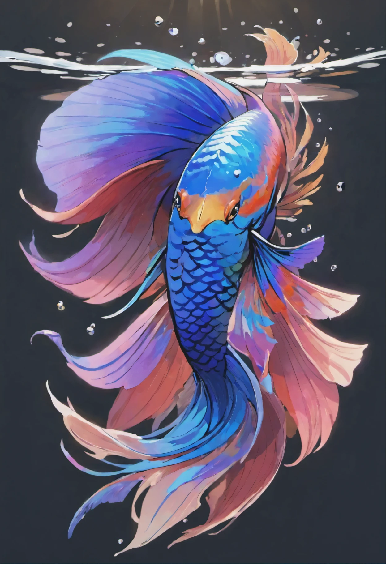 In this captivating illustration, a Betta (Betta splendens) fish graces the viewer with its vibrant and alluring presence. Known for their striking beauty and distinctive characteristics, Betta fish are a mesmerizing subject in the world of aquatic art.
The Betta fish's body is streamlined and elegant, adorned with a finnage that is nothing short of spectacular. Its body displays a rich palette of colors, ranging from deep royal blues and velvety purples to fiery reds and shimmering iridescence. The Betta's scales glint with a subtle luster, creating an enchanting play of light and color that dances across its form.
The Betta's fins are a masterpiece of nature's artistry. The dorsal fin, rising gracefully like a regal banner, showcases a striking blend of hues and intricate patterns. The anal and pelvic fins, delicate and graceful, complement the overall composition with their exquisite symmetry. Most captivating of all is the Betta's iconic caudal fin, often referred to as its 'tail,' which unfurls in a magnificent display of ethereal beauty. This fin, with its elaborate patterns and radiant colors, serves as a stunning focal point of the illustration.
The Betta's head is equally remarkable, featuring a pair of expressive eyes that shimmer with intelligence and curiosity. The mouth, finely detailed, hints at the fish's carnivorous nature, adapted for capturing prey. Its labyrinth organ, a unique feature in Betta fish, allows them to breathe air from the surface, adding to their fascinating biology.
In this illustration, the Betta fish exudes an aura of confidence and grace, as if it were ready to engage in a mesmerizing aquatic ballet. The play of light and color against a watery backdrop enhances the Betta's enchanting presence, making it a symbol of beauty, elegance, and the wonders of the underwater world. It's a stunning tribute to a species that has captured the hearts