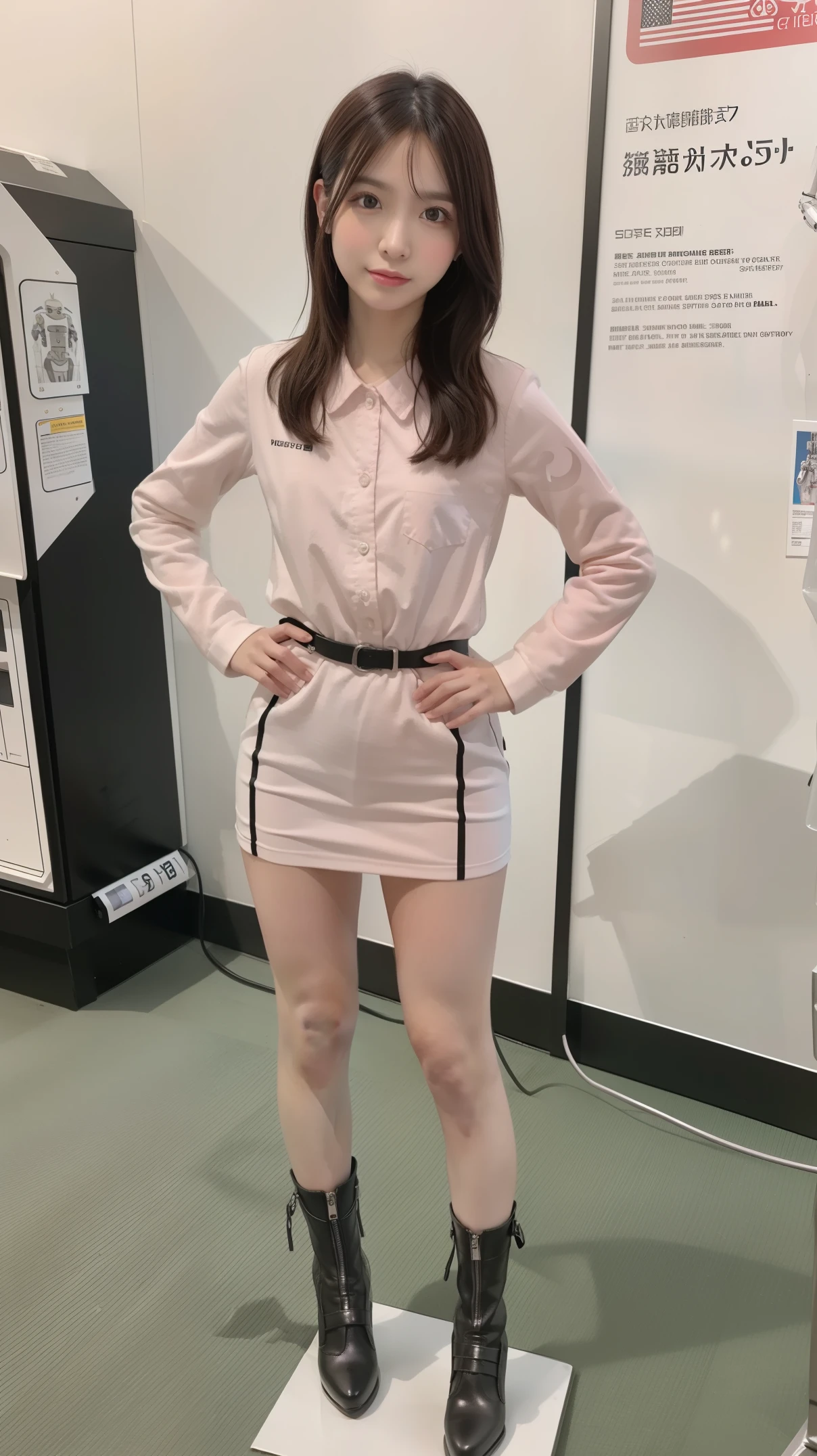 Robot Girl, pink there, Silver, Metallic shiny body, Robot Parts, Metal Parts, Super Detailed Face, Super well-formed face, of the highest quality, a small face, small head, Brown hair, Slender body, Camera gaze, Internal Mechanical Exposure, Idol, front facing, Well-proportioned body, sale, exhibition, Event Hall, Moe Pose, Standing with legs open, Hands on hips, Model body type, sad, Embarrassing,(Perfect Robot Girl),(Perfect machine body), (((tall body))), metalic boots