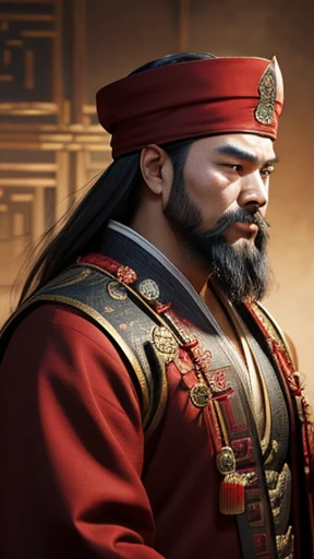 oriental、man in ancient chinese clothes、ancient chinese hairstyle man、three kingdom、multiple warlords、highest quality、masterpiece、ultra high resolution、(realistic:1.4)、game poster、Clear and beautiful image quality、Red clothes、beard、small hat、