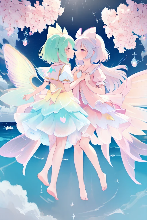 cirno和kirisame_marisa,(2girls:1.1),(holding hands:1.1),(kiss on the lips:1.1),(touhou project),pastel colors,fair skin,The skin is delicate and shiny,Two cute girls,Double ,Looking directly at another person,Two people holding each other with their hands,2 girls on the beach,high resolution、Super detailed artwork,She's wearing a ridiculous outfit with ridiculous details,Consists of a pink dress made of transparent lace,The skirt fell down to her feet,white lace, high resolution, Super detailed, most detailed,barefoot,nude,There is milky white fluid flowing out of the chest,
