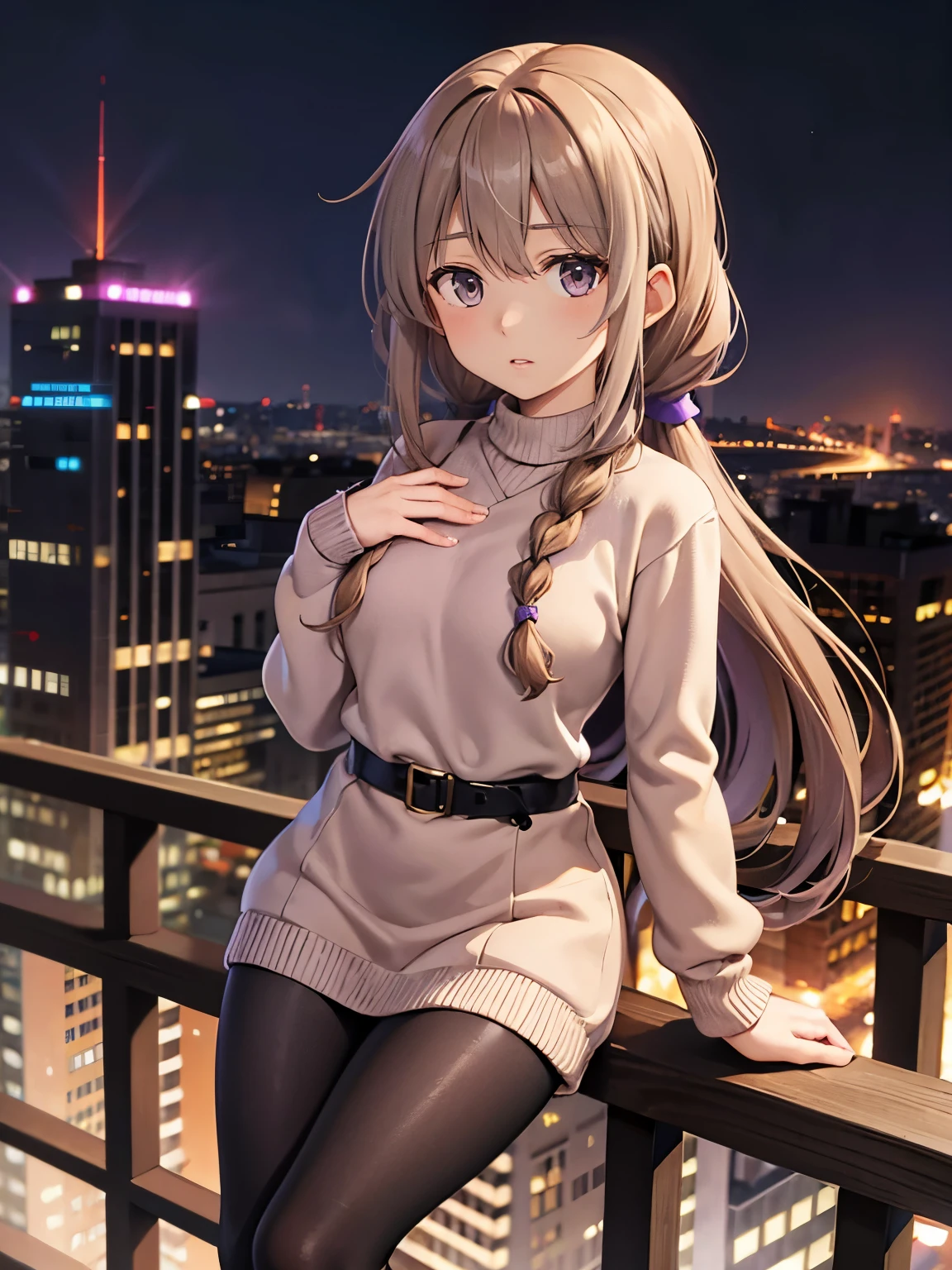Light Brown hair, long hair, braided ponytail, medium chest, purple sweater, black tights, grayish purple eyes, eyes, bangs, city, kuudere, straight face, large chest, tall, light brown boots