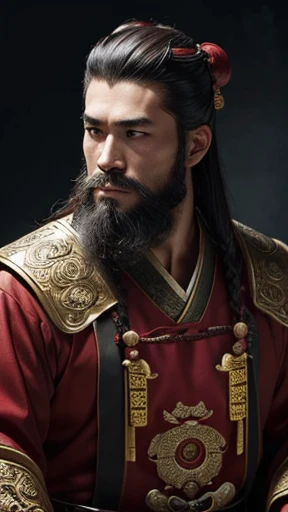 oriental、man in ancient chinese clothes、ancient chinese hairstyle man、three kingdom、multiple warlords、highest quality、masterpiece、ultra high resolution、(realistic:1.4)、game poster、Clear and beautiful image quality、Red clothes、beard、small crown、