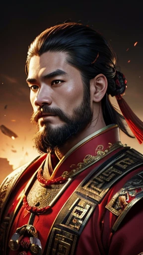 oriental、man in ancient chinese clothes、ancient chinese hairstyle man、three kingdom、multiple warlords、highest quality、masterpiece、ultra high resolution、(realistic:1.4)、game poster、Clear and beautiful image quality、Red clothes、beard、small crown、