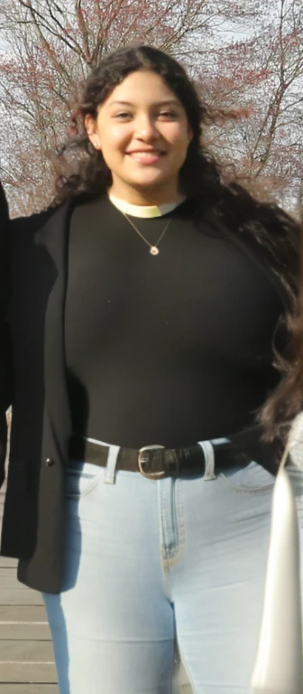 there are three people standing next to each other on a sidewalk, full body picture, zoomed out full body, top half of body, full body shot close up, close up half body shot, middle body shot, a black choker, neck zoomed in, with straight black hair, black top, upper body close up, Big tits, huge tits, no clothes, sexy, cute, wide hips, thick thighs, pear-shaped body, minimal clothes, thick, bbw, chubby stomach, thick nipples, nipple piercings, large areola, hard nipples, piercing through shirt, nipples hard through shirt, chubby stomach showing, tummy spilling over the side, muffin top, panties only, no pants, pants off, stomach too big for panties, small crop top shirt, major cleavage, nipples showing through shirt, very short crop top with fat stomach showing