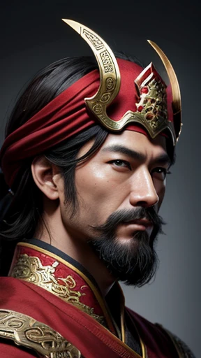 oriental、man in ancient chinese clothes、ancient chinese hairstyle man、three kingdom、multiple warlords、highest quality、masterpiece、ultra high resolution、(realistic:1.4)、game poster、Clear and beautiful image quality、Red clothes、beard、small cloth helmet、