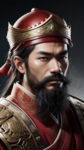 oriental、man in ancient chinese clothes、ancient chinese hairstyle man、three kingdom、multiple warlords、highest quality、masterpiece、ultra high resolution、(realistic:1.4)、game poster、Clear and beautiful image quality、Red clothes、beard、small cloth helmet、