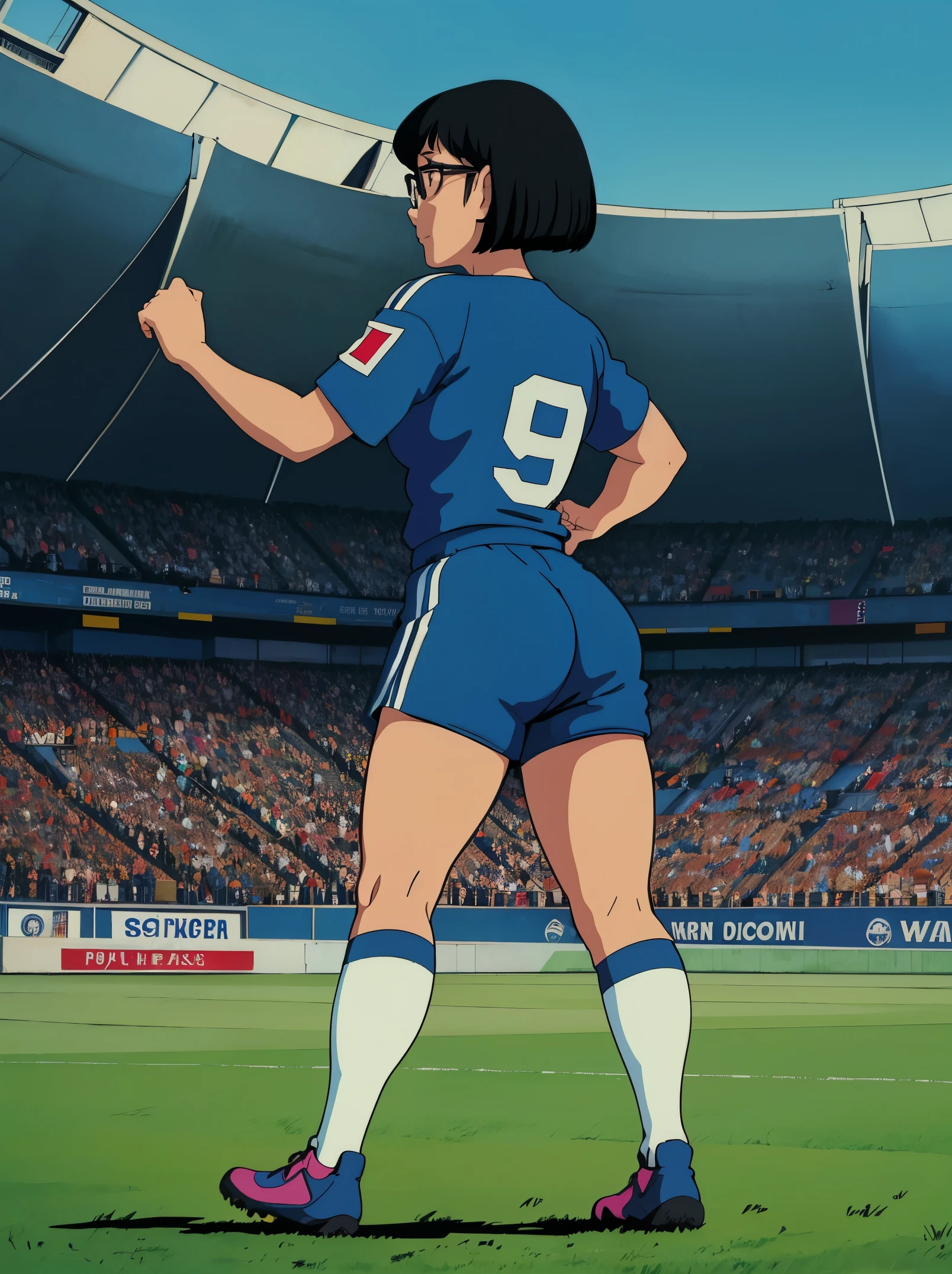 Female, black hair, short hair, bob cut hair, soccer player, blue eyes, glasses, mouth, tucked in jersey, short sleeved, medium breasts, black shorts, thighs, socks, shinguards, cleats, 1980’s, wallpaper, standing, soccer pitch, background, slim, fit figure, portrait, close up, 1girl, back of view, World Cup final, celebration goal