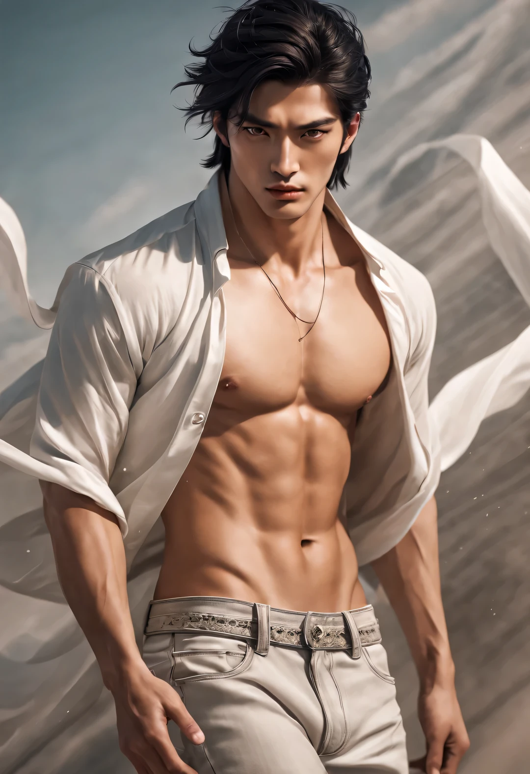 （male character design），（Close-up of bust photo），（Close-up of front view of melancholy handsome Chinese man Pan An），（Very long, long, long, Messy shawl hair：1.1）（Pan An wears modern fashion jeans），（Toned muscles），（Fresh and toned abs）（Pan An’s skin is fair and flawless），The bridge of his nose is high and straight，Double eyelids, bright eyes, clear and bright big eyes），sad prince，Delicious food with red lips and white teeth，gentle melancholy，high and high.，He has a strong physique，Exquisite facial features，Kingly style，Noble temperament，Inspired by Gregory Peck and Chinese actor Hu Gehe，black and white，Chinese ink painting，black and white插画，Surrealism，HD，