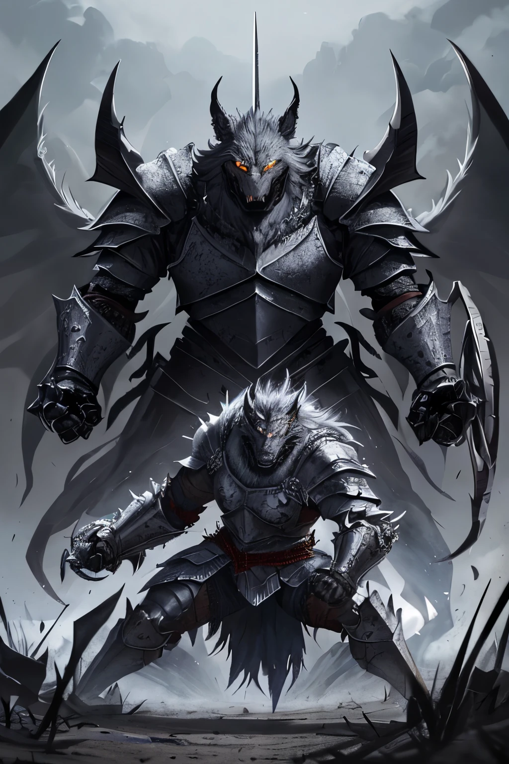 The first character, an extremely formidable warrior, clad in shining armor, his visage etched with a loathsome expression, firmly grips the second character by the throat. The werewolf beneath his grasp writhes and fights back, snarling with resistance, in the vast expanses of an open field. --s2
The first figure, an immensely powerful knight, adorned in gleaming armor, his countenance twisted with scorn, holds the second character, a heaving werewolf, by the neck, in the vastness of an open battlefield. The werewolf's struggles are intense, its snarls echoing through the air as it tries