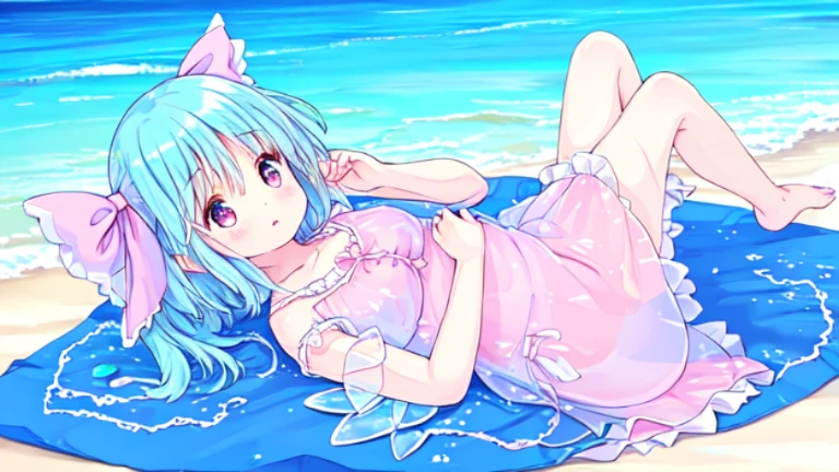 Lying down,cirno,(touhou project),pastel colors,fair skin,The skin is delicate and shiny,on the beach,Consists of a pink dress made of transparent lace,white lace, high resolution, Super detailed, most detailed,barefoot