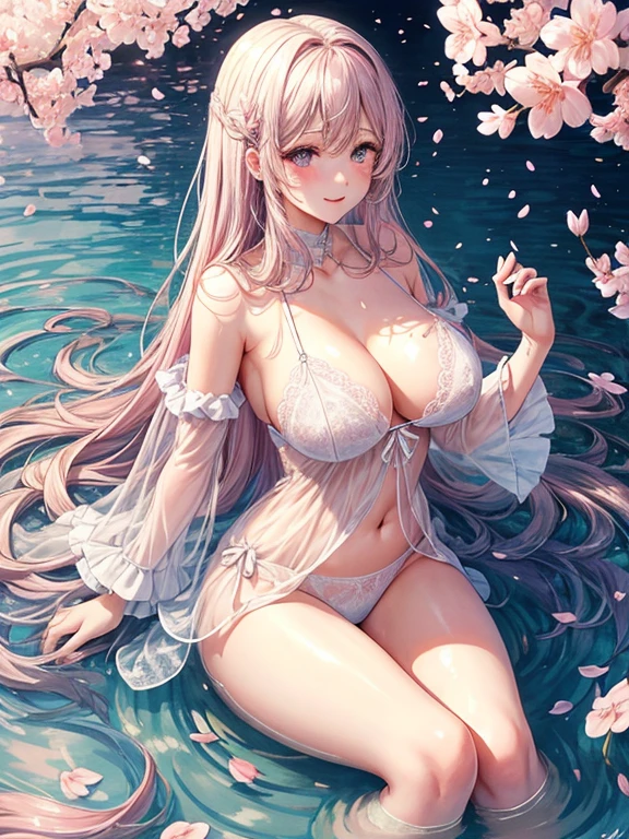 Flowers bloom by the water、weeping cherry blossoms、(Cherry blossom petals floating on the surface of the water:1.5)、water reflection!!!!!、transparent white lingerieを着てポーズをとるアラフィフの女性、transparent white lingerieビューティー、sexy see-through white lingerie wear、complex, captivating and captivating、transparent white lingerie!!、Sexy woman in see-through lingerie posing for a photo、sheer lingerie!!、beautiful female body、fantastic and fantasticな雰囲気、see-through lingerie、光沢のあるsheer lingerie、dreamy aesthetics、mysterious softness、soft aesthetics、transparent lace babydoll、fantastic and fantastic、fantastic and fantasticなスタイル、fantastic and fantastic、(((very big boobs)))、beautiful leg style、stylish hair、cute hairstyle、Many petal body esbian、((pink water surface、purple water surface))