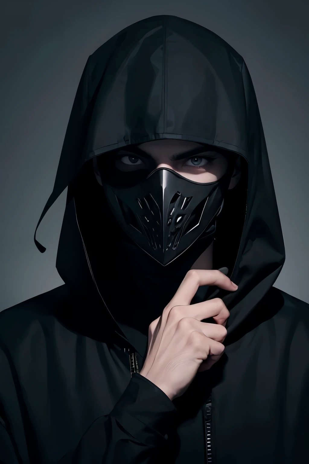 a male horror character holding a knife, just like ghost face with black clothes and a panic mask, dark, with a hood