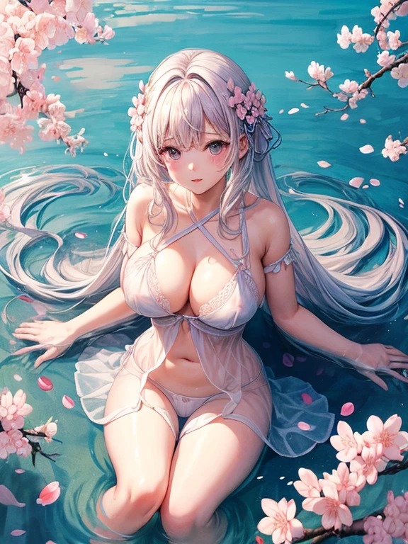 Flowers bloom by the water、weeping cherry blossoms、(Cherry blossom petals floating on the surface of the water:1.5)、water reflection!!!!!、transparent white lingerieを着てポーズをとるアラフィフの女性、transparent white lingerieビューティー、sexy see-through white lingerie wear、complex, captivating and captivating、transparent white lingerie!!、Sexy woman in see-through lingerie posing for a photo、sheer lingerie!!、beautiful female body、fantastic and fantasticな雰囲気、see-through lingerie、光沢のあるsheer lingerie、dreamy aesthetics、mysterious softness、soft aesthetics、transparent lace babydoll、fantastic and fantastic、fantastic and fantasticなスタイル、fantastic and fantastic、(((very big boobs)))、beautiful leg style、stylish hair、cute hairstyle、Many petal body esbian、((pink water surface、purple water surface))