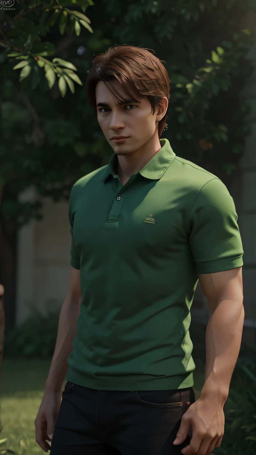 make 3D animation male young character, backgound green natural colour