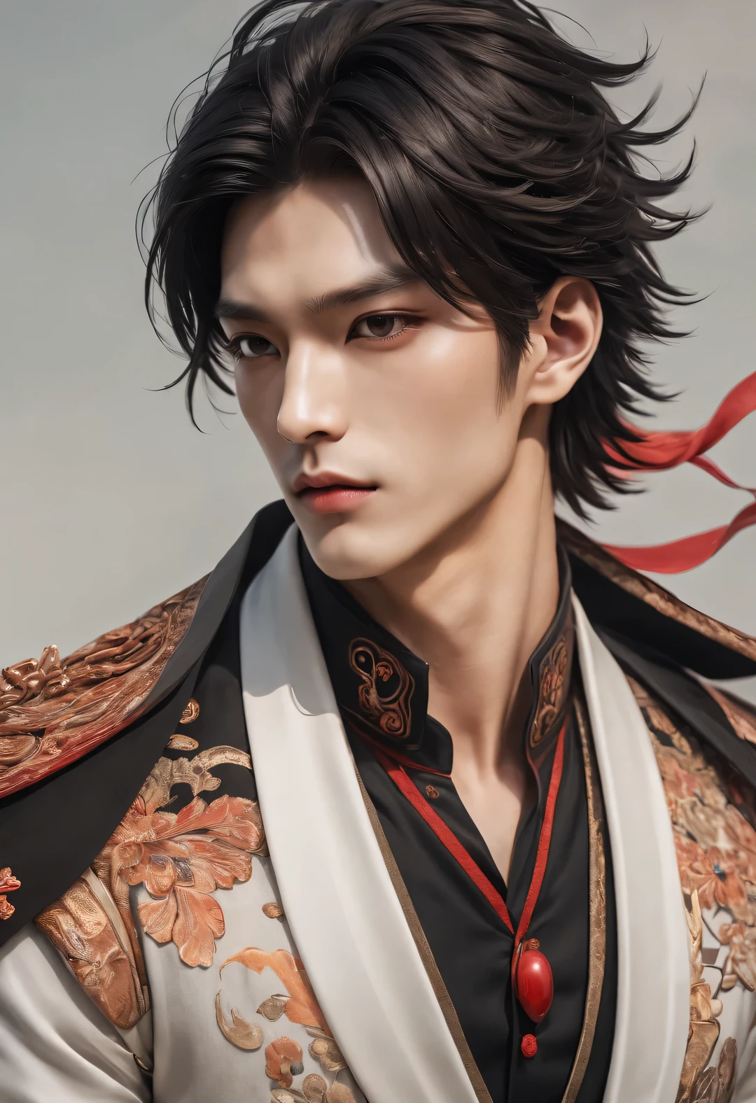 （male character design），（Half-length close-up），（Close-up of front view of melancholy handsome Chinese man Pan An），（Pan An wears modern and fashionable men&#39;s clothing&#39;S suit pants），（Pan An’s skin is fair and flawless），The bridge of his nose is high and straight，（Very long, long, long, Messy shawl hair：1.1），（Double eyelids, bright eyes, clear and bright big eyes），sad prince，Delicious food with red lips and white teeth，gentle melancholy，Pan An is tall and tall.，He has a strong physique，Toned muscles，Fresh and toned abs, His exquisite facial features，Kingly style，Noble temperament，Inspired by Chinese actor Hu Ge，black and white，Chinese ink painting，black and white插画，Surrealism，HD，