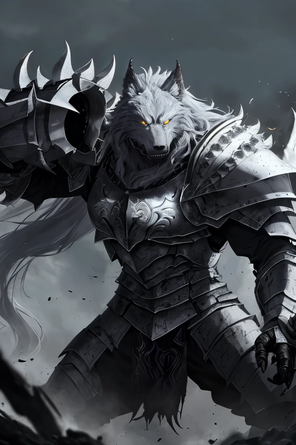 The first character, an extremely formidable warrior, clad in shining armor, his visage etched with a loathsome expression, firmly grips the second character by the throat. The werewolf beneath his grasp writhes and fights back, snarling with resistance, in the vast expanses of an open field. --s2
The first figure, an immensely powerful knight, adorned in gleaming armor, his countenance twisted with scorn, holds the second character, a heaving werewolf, by the neck, in the vastness of an open battlefield. The werewolf's struggles are intense, its snarls echoing through the air as it tries