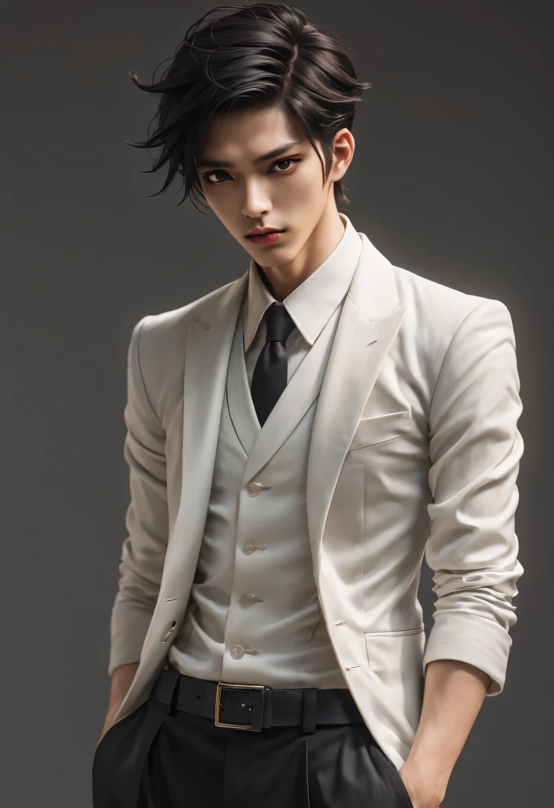 （male character design），（Half-length close-up），（Close-up of front view of melancholy handsome Chinese man Pan An），（Pan An wears modern and fashionable men&#39;s clothing&#39;S suit pants），（Pan An’s skin is fair and flawless），The bridge of his nose is high and straight，（Very long, long, long, Messy shawl hair：1.1），（Double eyelids, bright eyes, clear and bright big eyes），sad prince，Delicious food with red lips and white teeth，gentle melancholy，Pan An is tall and tall.，He has a strong physique，Toned muscles，Fresh and toned abs, His exquisite facial features，Kingly style，Noble temperament，Inspired by Chinese actor Hu Ge，black and white，Chinese ink painting，black and white插画，Surrealism，HD，