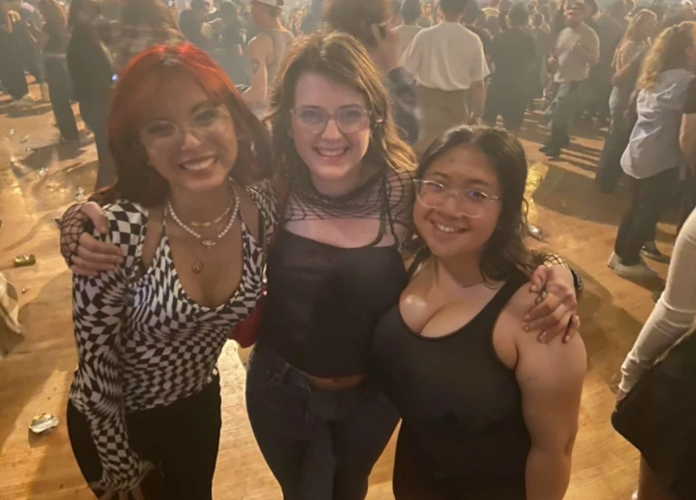 three women standing next to each other in a room full of people, non blurry, with tiny people, concert photo, not blurry, photo taken in 2 0 2 0, very grainy, very very low quality picture, profile pic, profile picture, very very low quality, by Bernie D’Andrea, photograph of three ravers, threesome, Big tits, huge tits, no clothes, sexy, cute, wide hips, thick thighs, pear-shaped body, minimal clothes, thick, bbw, chubby stomach, thick nipples, nipple piercings, large areola, hard nipples, piercing through shirt, nipples hard through shirt, chubby stomach showing, tummy spilling over the side, muffin top, the girls are sexy, short girls, only top of body, top zoom in, girl in middle behind