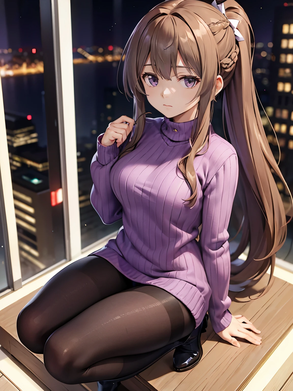 Light Brown hair, long hair, braided ponytail, medium chest, purple sweater, black tights, grayish purple eyes, eyes, bangs, city, kuudere, straight face, large chest, tall, light brown boots, older