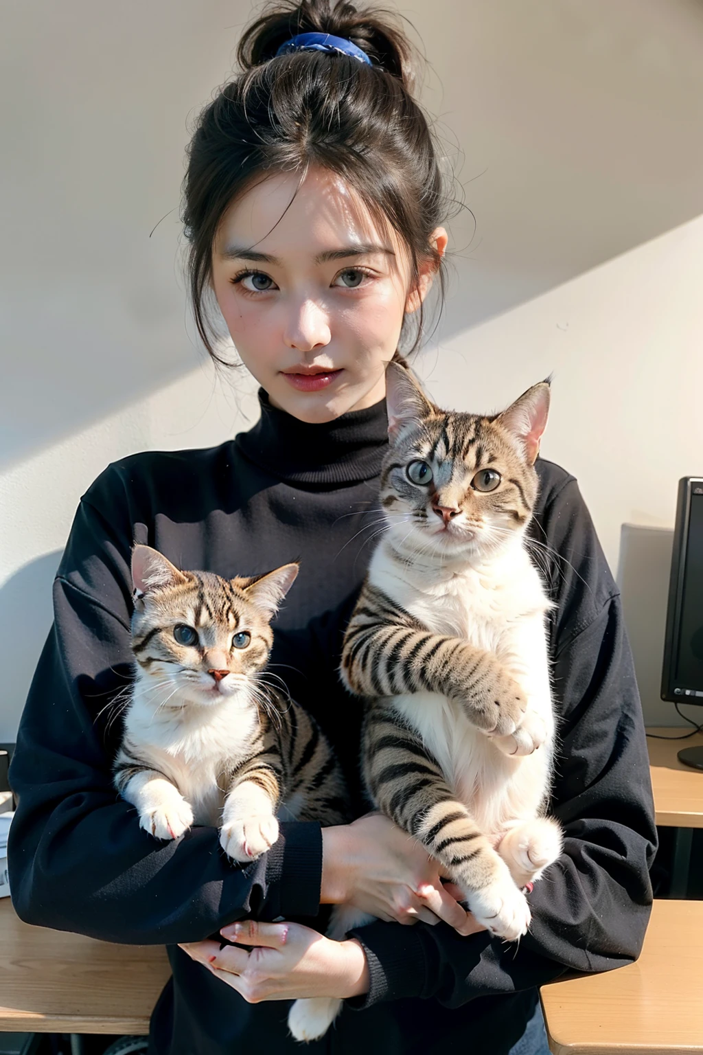 ((best quality)), ((masterpiece)), (detailed), Background in the office,Girl holding cute cat,There's a microphone in front of you,long sleeve work,Hair tied up