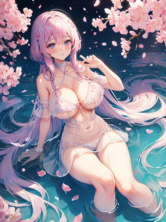 Flowers bloom by the water、weeping cherry blossoms、(Cherry blossom petals floating on the surface of the water:1.5)、water reflection!!!!!、transparent white lingerieを着てポーズをとるアラフィフの女性、transparent white lingerieビューティー、sexy see-through white lingerie wear、complex, captivating and captivating、transparent white lingerie!!、Sexy woman in see-through lingerie posing for a photo、sheer lingerie!!、beautiful female body、fantastic and fantasticな雰囲気、see-through lingerie、光沢のあるsheer lingerie、dreamy aesthetics、mysterious softness、soft aesthetics、transparent lace babydoll、fantastic and fantastic、fantastic and fantasticなスタイル、fantastic and fantastic、(((very big boobs)))、beautiful leg style、stylish hair、cute hairstyle、Many petal body esbian、((pink water surface、purple water surface))