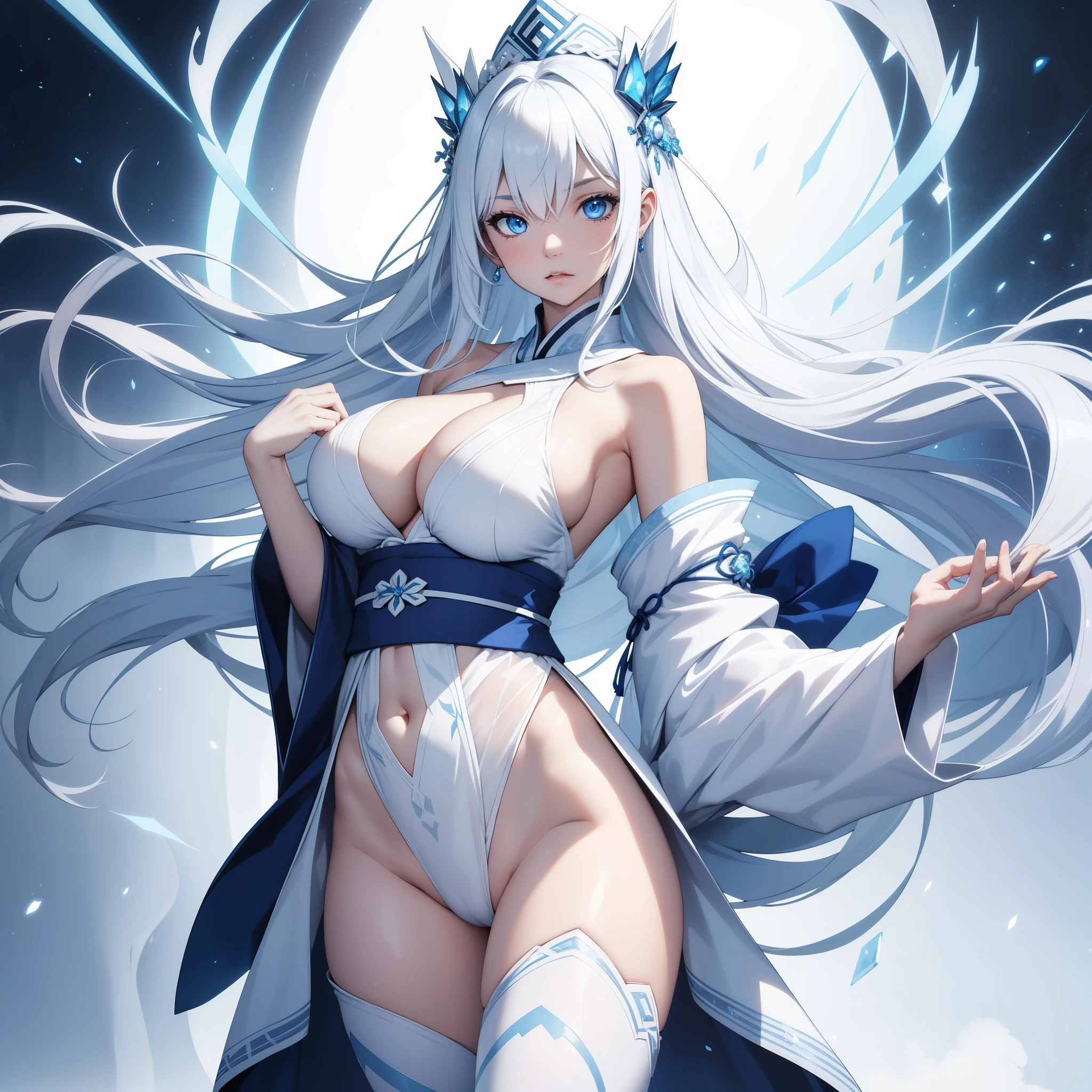 ice woman, white skin, intense blue eyes, long white hair, athletic body, big breasts, long legs, kimono with uncovered shoulders, 8k, hd, masterpiece, full body, white background