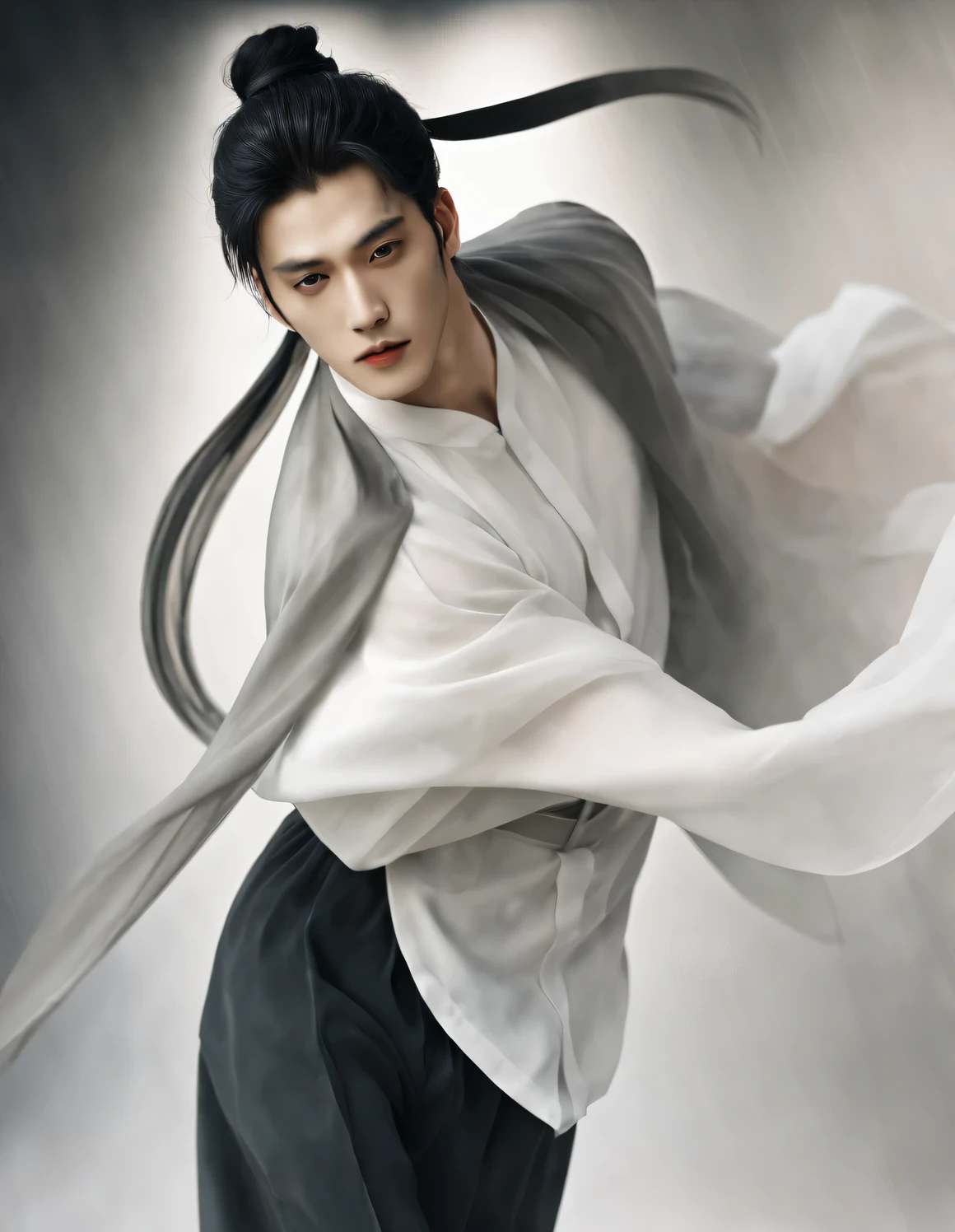 （male character design），（Half-length close-up），（Close-up of front view of melancholy handsome Chinese man Pan An），（Pan An wears modern and fashionable men&#39;s clothing&#39;S suit pants），（Pan An’s skin is fair and flawless），The bridge of his nose is high and straight，（Very long, long, long, Messy shawl hair：1.1），（Double eyelids, bright eyes, clear and bright big eyes），sad prince，Delicious food with red lips and white teeth，gentle melancholy，Pan An is tall and tall.，He has a strong physique，Toned muscles，Fresh and toned abs, His exquisite facial features，Kingly style，Noble temperament，Inspired by Chinese actor Hu Ge，black and white，Chinese ink painting，black and white插画，Surrealism，HD，