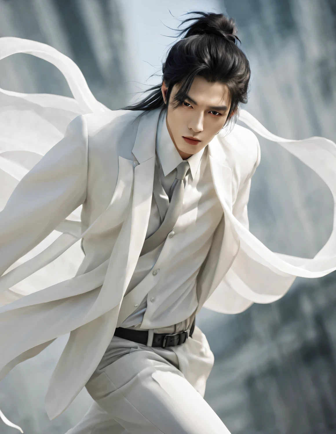 （male character design），（Half-length close-up），（Close-up of front view of melancholy handsome Chinese man Pan An），（Pan An wears modern and fashionable men&#39;s clothing&#39;S suit pants），（Pan An’s skin is fair and flawless），The bridge of his nose is high and straight，（Very long, long, long, Messy shawl hair：1.1），（Double eyelids, bright eyes, clear and bright big eyes），sad prince，Delicious food with red lips and white teeth，gentle melancholy，Pan An is tall and tall.，He has a strong physique，Toned muscles，Fresh and toned abs, His exquisite facial features，Kingly style，Noble temperament，Inspired by Chinese actor Hu Ge，black and white，Chinese ink painting，black and white插画，Surrealism，HD，