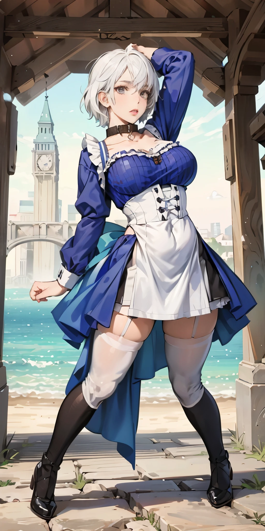 White hair , short hair, pinched eyes, (big-:1.5) , Thin legs, thin body, leather collar, Maid outfit victorian, dynamic pose, full body, View from below, wide hips, Kneeling