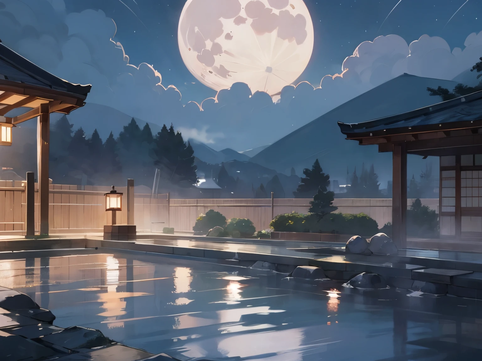 Large open-air bath,There is a washing area..,hot onsen,Large public bath at a hot spring ryokan,steam,There are 3 chairs for the public bath.,natta, night, moon, Angle from the front