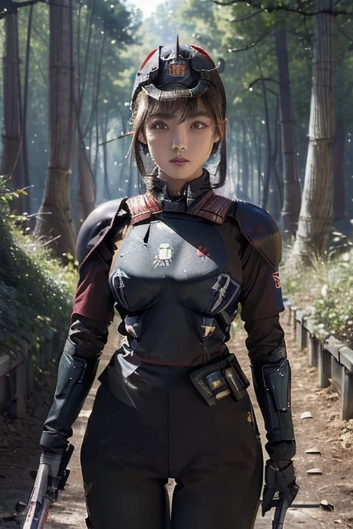 extremely detailed CG unity 32K wallpaper, top quality, masterpiece, raw photo, photorealistic, highest resolution, professional photo, dynamic, cinematic lighting, (1940s, World War 2, science fiction:1.4), steampunk, sharp focus, depth of field, (perfect body, correct anatomy:1.5), intricately detailed face, expressive face, POV, (from front:1.3), 1 girl, Japanese woman, ((female soldier:1.4)), solo, cowboy shot, black hair, short hair, garrison cap, ultra-realistic skin, detailed skin, tan, bright eyes, highly detailed nose and lips, slim outline of the face, expressionless, ((combat uniform of Imperial Japanese Army:1.5)), ((body armor:1.3)), (slender, beautiful breast:1.5), ((perfect body proportion:1.4)), during a combat against allied force, (((shooting a beam rifle:1.5))), ((Southeast Asia, forest, noon, outdoor:1.5))