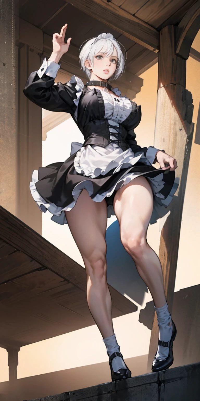 White hair , short hair, pinched eyes, (big-:1.5) , Thin legs, thin body, leather collar, Maid outfit victorian, dynamic pose, full body, View from below, wide hips, Kneeling