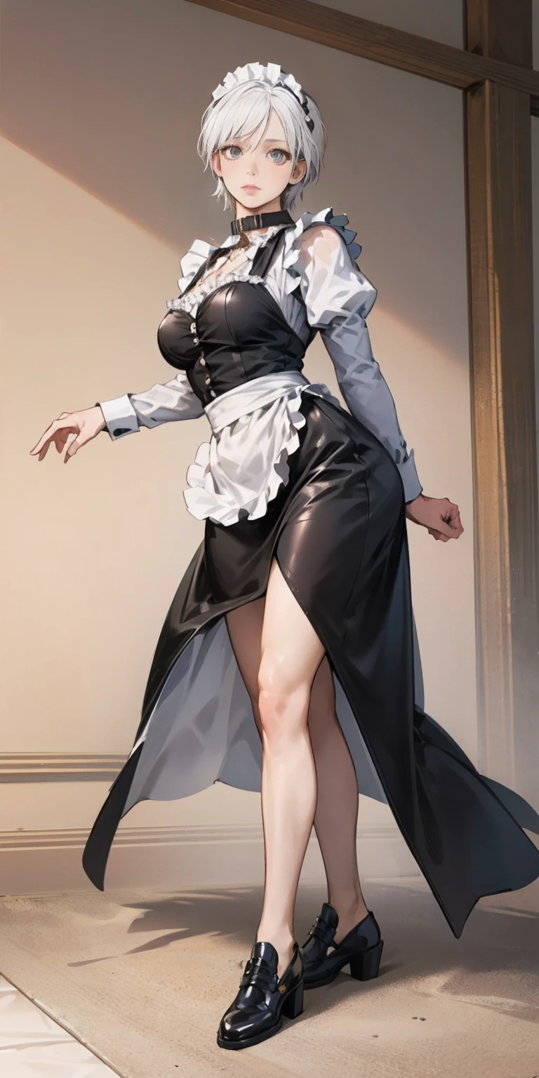 White hair , short hair, pinched eyes, (big-:1.5) , Thin legs, thin body, leather collar, Maid outfit victorian, dynamic pose, full body, View from below, wide hips, Kneeling