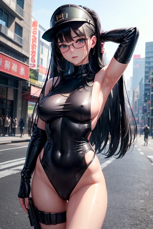 Exposing huge valleys)、((wearing ARMY HELMET AN95 , wearing ARMY CHESTRIG , wearing ARMY LEG ARMOR and hold M4 RIFLE and facing towards the viewer))、((Fully Naked))、((beside of the road in the city with people in the background))、(Ultra-realistic armpits、hyper detailed underarm)、nikon RAW photo、16 K、FujifilmXT3、​masterpiece、top-quality、realisitic、Photorealistic、ultra-detailliert、extra detailed face、独奏、1girl in、High-end makeup products、 and a stylish expression on her face、irene1、(FULL BODYSHOT) , pretty , Nude , wet skin, sweat , (wide angle view) , round glasses, bobhaircut ,